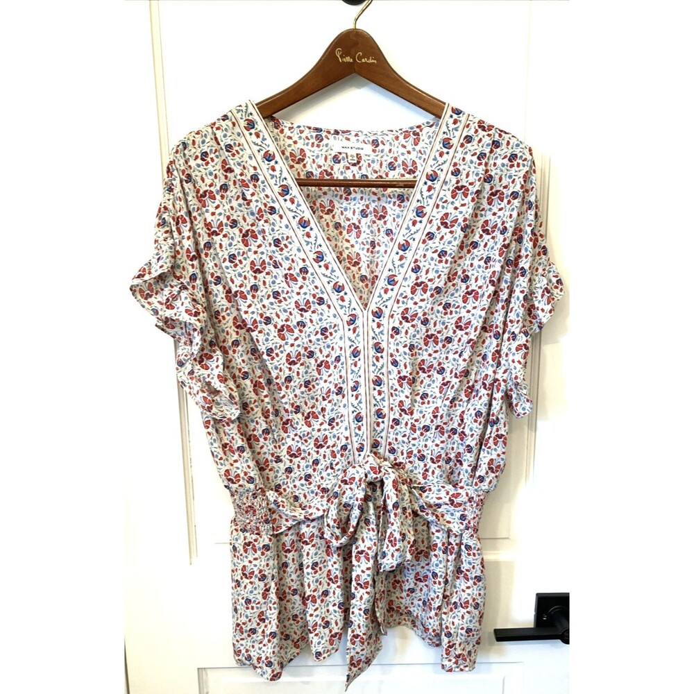 Max Studio Blouse Size 2X Red Blue Floral V Neck Ruffle Peplum Boho Waist Tie